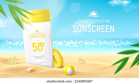 Plantilla de banner publicitario de pantalla solar. Cartel con tinte de protección solar en la arena de la playa con gafas de sol, planta tropical, conchas marinas, bola inflable, anillo. Vector 3d e ilustración para la promoción de productos de verano.