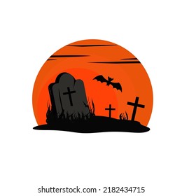 A template with a sunset and a cemetery. Halloween. Vector illustration in a flat style on a white background.