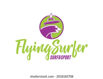 Plantilla para el logo de una compañía de surf, formada por el icono de un hombre surcando una ola, enmarcada en forma circular, con un texto que dice: Surfista, surf y deporte volador.