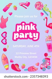 Template with surfboard, shoe, milkshake, roller skate and more for birthday invitation, flyer, beach party, summer event. Pink aesthetic. Space for text. Vector illustration.