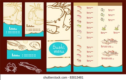 template of sushi menu and business card