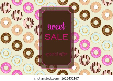 Template for sweet sale in market, cafe, bakery, pastry shop. Set of diagonal donuts assorted on bright. Vector illustration bright and attractive. Frame with text - Sweet Sale on chocolate bar.