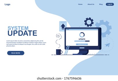 Concepto de actualización del sistema de plantillas. Proceso de actualización a la actualización del sistema, sustitución de versiones más recientes e instalación de programas. Computadora, pc. Para la página de inicio web, banner. Botón Leer más. Azul. Eps 10