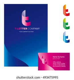 Template T brand name companies. Corporate identity for the company on the letter T: logo, business card, brochure cover or firm folders. Creative logo, body bent the letter T