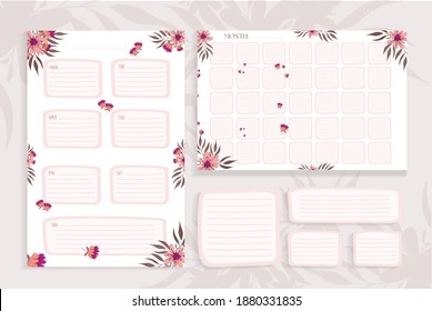 Template table planner pages for weekly, monthly with tropical flowers and eucalyptus leaves. Vector set of organizer page, diary and daily control book. Life planners, weekly and days organizers