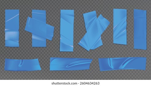 Template a tape with wrinkles. Set of blue scotch for collage. Square and round stickers with glued texture. Vector realistic mockup set. Torn paper and plastic labels with blue arrows.