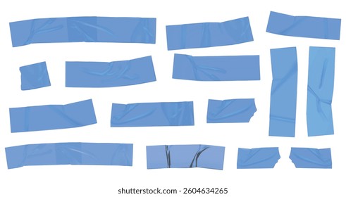 Template a tape with wrinkles. Set of blue scotch for collage. Square and round stickers with glued texture. Vector realistic mockup set. Torn paper and plastic labels with blue arrows.