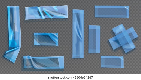 Template a tape with wrinkles. Set of blue scotch for collage. Square and round stickers with glued texture. Vector realistic mockup set. Torn paper and plastic labels with blue arrows.