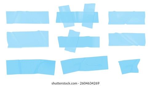 Template a tape with wrinkles. Set of blue scotch for collage. Square and round stickers with glued texture. Vector realistic mockup set. Torn paper and plastic labels with blue arrows.