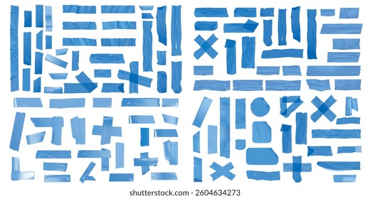 Template a tape with wrinkles. Set of blue scotch for collage. Square and round stickers with glued texture. Vector realistic mockup set. Torn paper and plastic labels with blue arrows.