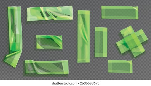 Template a tape with wrinkles. Set of green scotch for collage. Square and round stickers with glued texture. Vector realistic mockup set. Torn paper and plastic labels with green arrows.