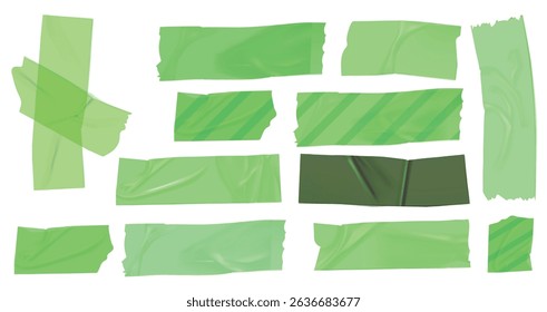 Template a tape with wrinkles. Set of green scotch for collage. Square and round stickers with glued texture. Vector realistic mockup set. Torn paper and plastic labels with green arrows.