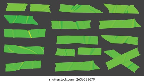 Template a tape with wrinkles. Set of green scotch for collage. Square and round stickers with glued texture. Vector realistic mockup set. Torn paper and plastic labels with green arrows.