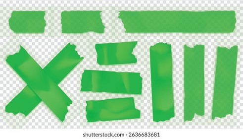 Template a tape with wrinkles. Set of green scotch for collage. Square and round stickers with glued texture. Vector realistic mockup set. Torn paper and plastic labels with green arrows.