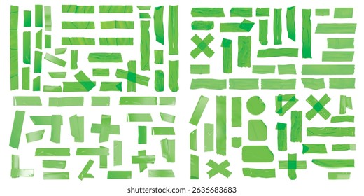 Template a tape with wrinkles. Set of green scotch for collage. Square and round stickers with glued texture. Vector realistic mockup set. Torn paper and plastic labels with green arrows.
