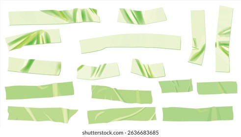Template a tape with wrinkles. Set of green scotch for collage. Square and round stickers with glued texture. Vector realistic mockup set. Torn paper and plastic labels with green arrows.