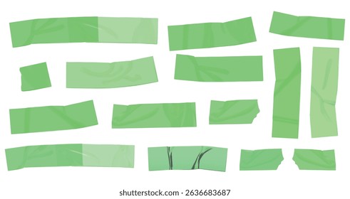 Template a tape with wrinkles. Set of green scotch for collage. Square and round stickers with glued texture. Vector realistic mockup set. Torn paper and plastic labels with green arrows.