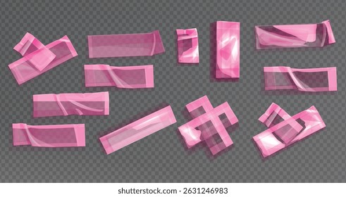 Template a tape with wrinkles. Set of pink scotch for collage. Square and round stickers with glued texture. Vector realistic mockup set. Torn paper and plastic labels with pink arrows