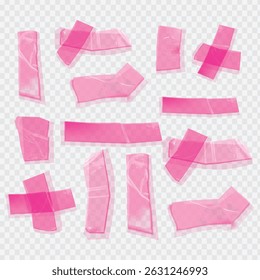 Template a tape with wrinkles. Set of pink scotch for collage. Square and round stickers with glued texture. Vector realistic mockup set. Torn paper and plastic labels with pink arrows