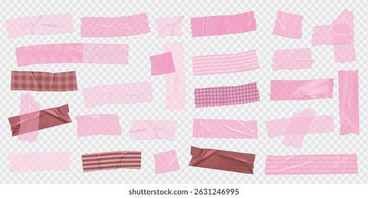 Template a tape with wrinkles. Set of pink scotch for collage. Square and round stickers with glued texture. Vector realistic mockup set. Torn paper and plastic labels with pink arrows