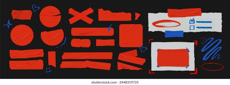 Template a tape with wrinkles. Set of red scotch for collage. Square and round stickers with glued texture. Vector realistic mockup set. Torn paper and plastic labels with blue arrows.