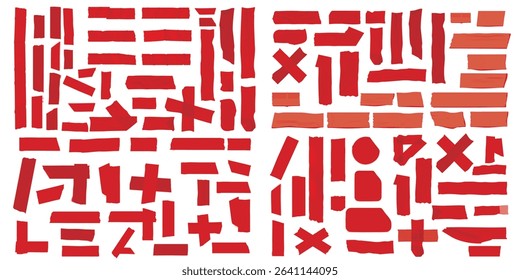 Template a tape with wrinkles. Set of red scotch for collage. Square and round stickers with glued texture. Vector realistic mockup set. Torn paper and plastic labels with blue arrows.