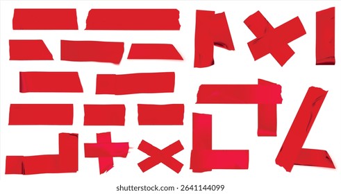 Template a tape with wrinkles. Set of red scotch for collage. Square and round stickers with glued texture. Vector realistic mockup set. Torn paper and plastic labels with blue arrows.