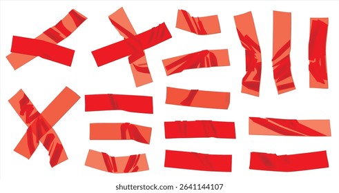 Template a tape with wrinkles. Set of red scotch for collage. Square and round stickers with glued texture. Vector realistic mockup set. Torn paper and plastic labels with blue arrows.