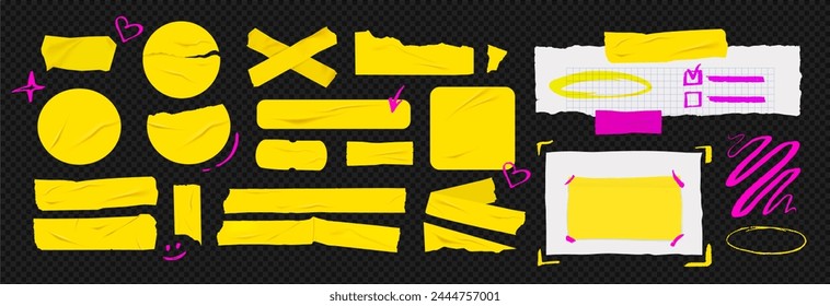 Template a tape with wrinkles. Set of yellow scotch for collage. Square and round stickers with glued texture. Vector realistic mockup set. Torn paper and plastic labels with pink arrows.