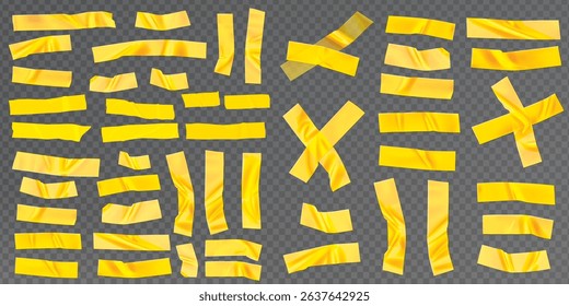 Template a tape with wrinkles. Set of yellow scotch for collage. Square and round stickers with glued texture. Vector realistic mockup set. Torn paper and plastic labels with yellow arrows.