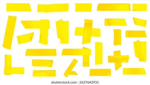 Template a tape with wrinkles. Set of yellow scotch for collage. Square and round stickers with glued texture. Vector realistic mockup set. Torn paper and plastic labels with yellow arrows.