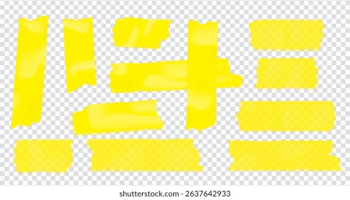 Template a tape with wrinkles. Set of yellow scotch for collage. Square and round stickers with glued texture. Vector realistic mockup set. Torn paper and plastic labels with yellow arrows.