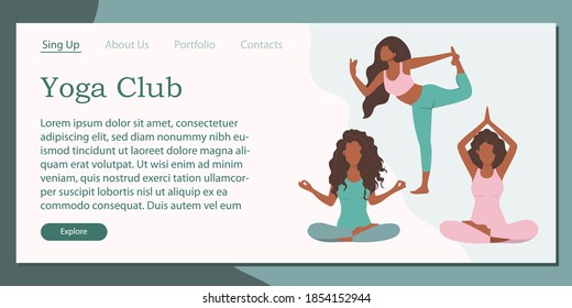 Template for a target web page with a yoga club. The concept of a healthy and active lifestyle, exercises for women, home fitness. Flat vector cartoon illustration
