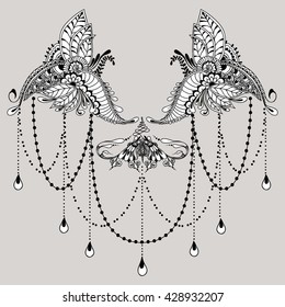 Template for tattoo design with mehndi elements. Floral ornament. Islam, arabic, indian, ottoman motifs. Black and white vector illustration on light grey background.