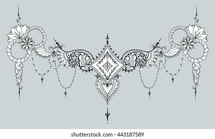 Template for tattoo design with mehndi elements and rhombus on the center. Can be used on the collarbones.  Floral ornament. Islam, arabic, indian, ottoman motifs. Black and white vector illustration.
