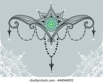 Template for tattoo design with mehndi elements and circle on the center. Floral ornament. Islam, arabic, indian, ottoman motifs. Black and white vector illustration.