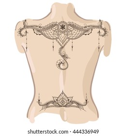 Template for tattoo design with mehndi elements. Tattoo on her back. Floral ornament. Islam, arabic, indian, ottoman motifs. Black and white vector illustration.