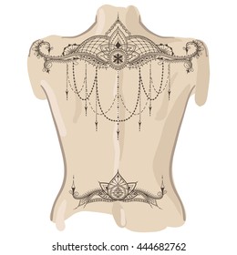 Template for tattoo design with mehndi elements. Tattoo on her back. Floral ornament. Islam, arabic, indian, ottoman motifs. Black and white vector illustration.