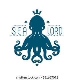 Template for tattoo, label, logo with silhouette of symmetrical octopus, crown and words  Sea lord. Vector. Blue danger cartoon character with curling tentacles swimming underwater, isolated.