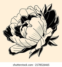 Template for tattoo, typography, decor design, covers. Stylish hand-drawn illustration with a flower. Background in black and beige colors. Japanese vintage graphic style. Line art.