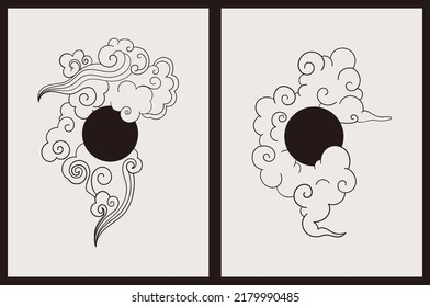 Vorlage für Tätowierungen, Typografie, Dekordesign, Decken. Japanische Vintage-Grafik-Stil. Stylische, handgezeichnete Illustration mit Wolken und Sonne. Hintergrund in schwarz-beigen Farben.
