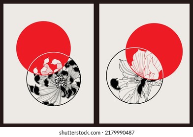 Plantilla para tatuajes, tipografía, diseño de decoración, cubiertas. Estilo gráfico vintage japonés. Arte de líneas. Elegante ilustración a mano con flor y sol. Fondo de colores negro y rojo.