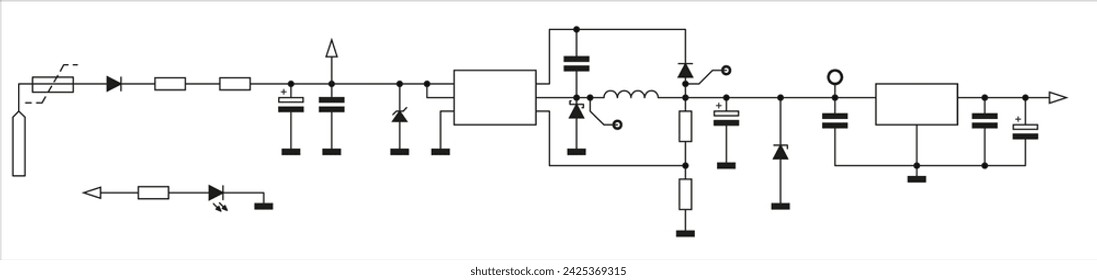 Template of technical schematic diagram of pulse 
stabilizer electronic device.
Vector drawing electrical circuit with 
coil, capacitor, resistor, integrated circuit,
diode, led, other components.