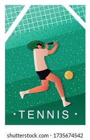 Template for a tennis tournament poster. A tennis player with a racket is preparing to hit the ball. Vector illustration of team sports