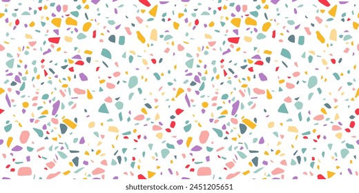 Template Terrazzo Seamless Pattern. Colorful Venetian Terrazzo Imitation. Realistic Stone Texture with Ceramic Shapes. Modern  Vector Irregular Floor Tile Decoration. Trendy Abstract Illustration.