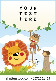 Template for text with animals cartoon, lion pulling monkeys tail, hedgehog in tree stump