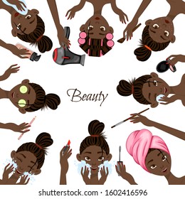 Template for text with black female characters and cosmetic products. Cartoon style. Vector illustration