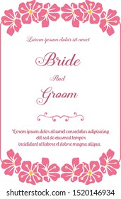 Template text of bride and groom, with pattern art of pink wreath frame. Vector