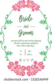 Template text of bride and groom, with pattern art of pink wreath frame. Vector