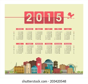 Template text calendar for 2015 on a poster with cityscape on the weather-vane, the rooster weathervane 